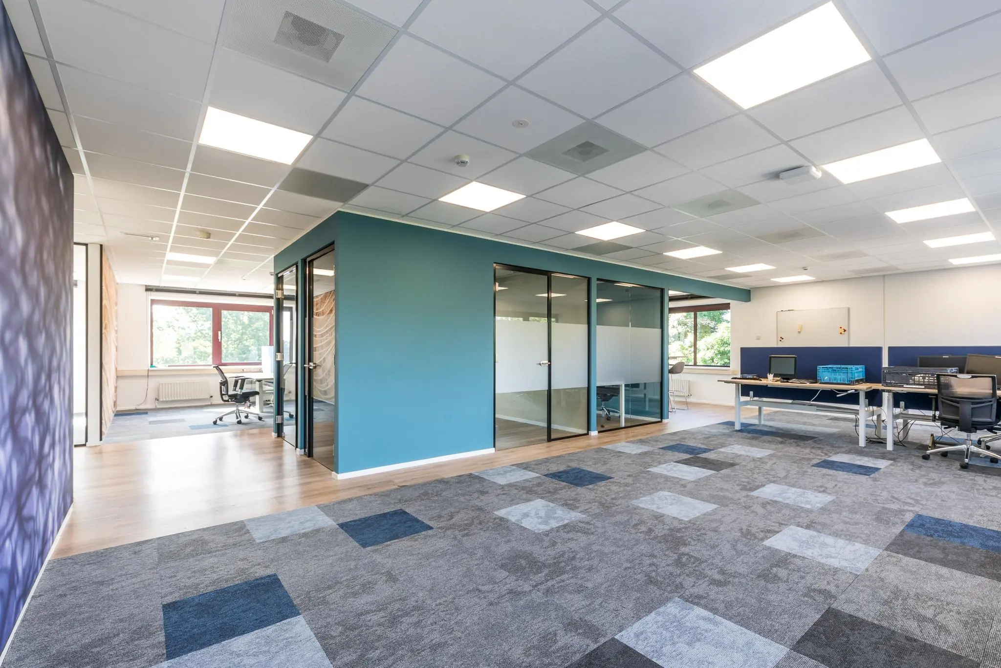 Modern kantoorinterieur aan de Baarnsche Dijk met glazen vergaderruimtes, bureaus en kleurrijke vloerbedekking.